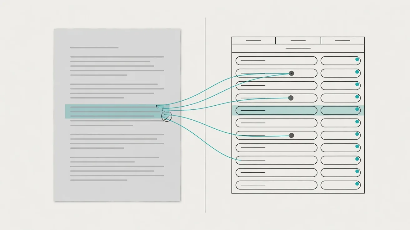 Zes schematische documentpagina's met handschrift, stempel, paginaovergang, gesplitste tabel, twee schriften en een scheve telefoonfoto.