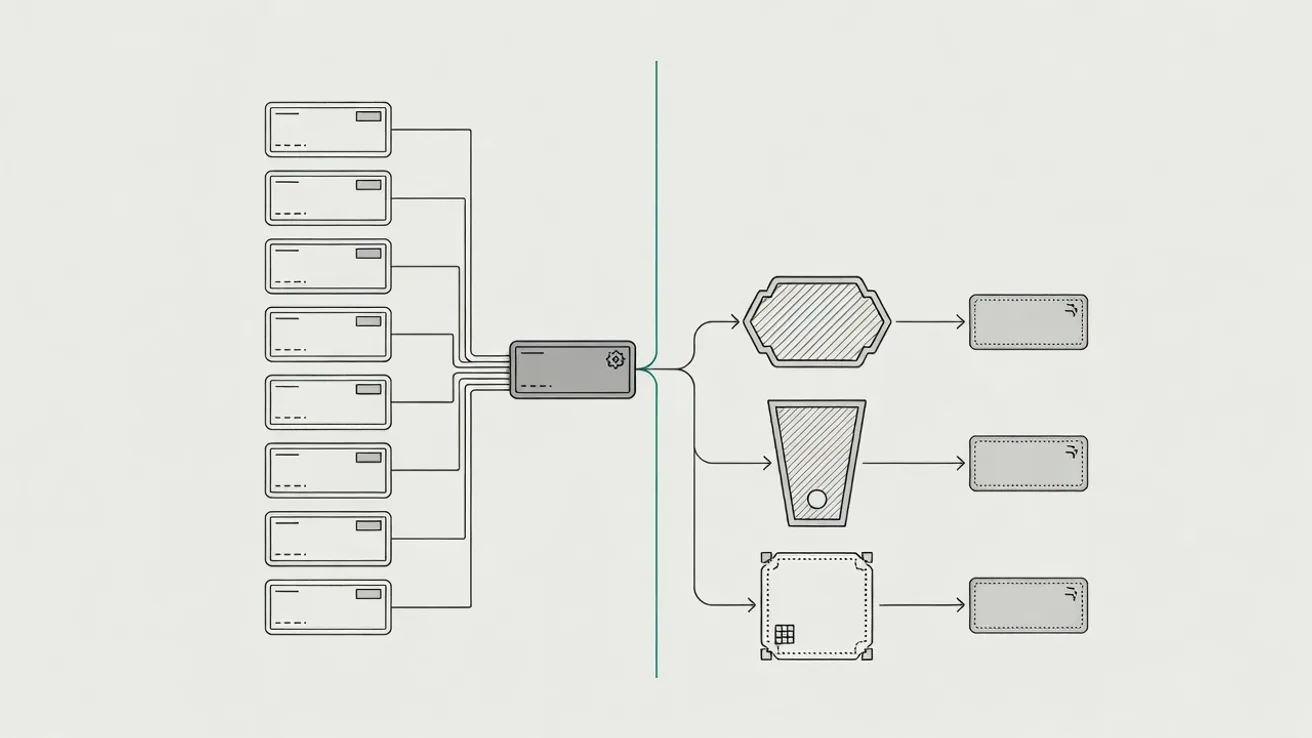Diagram met twee gelijkwaardige routes naar dezelfde aangifte, waarbij een teal lijn terugloopt naar het bedrijf dat importeert.