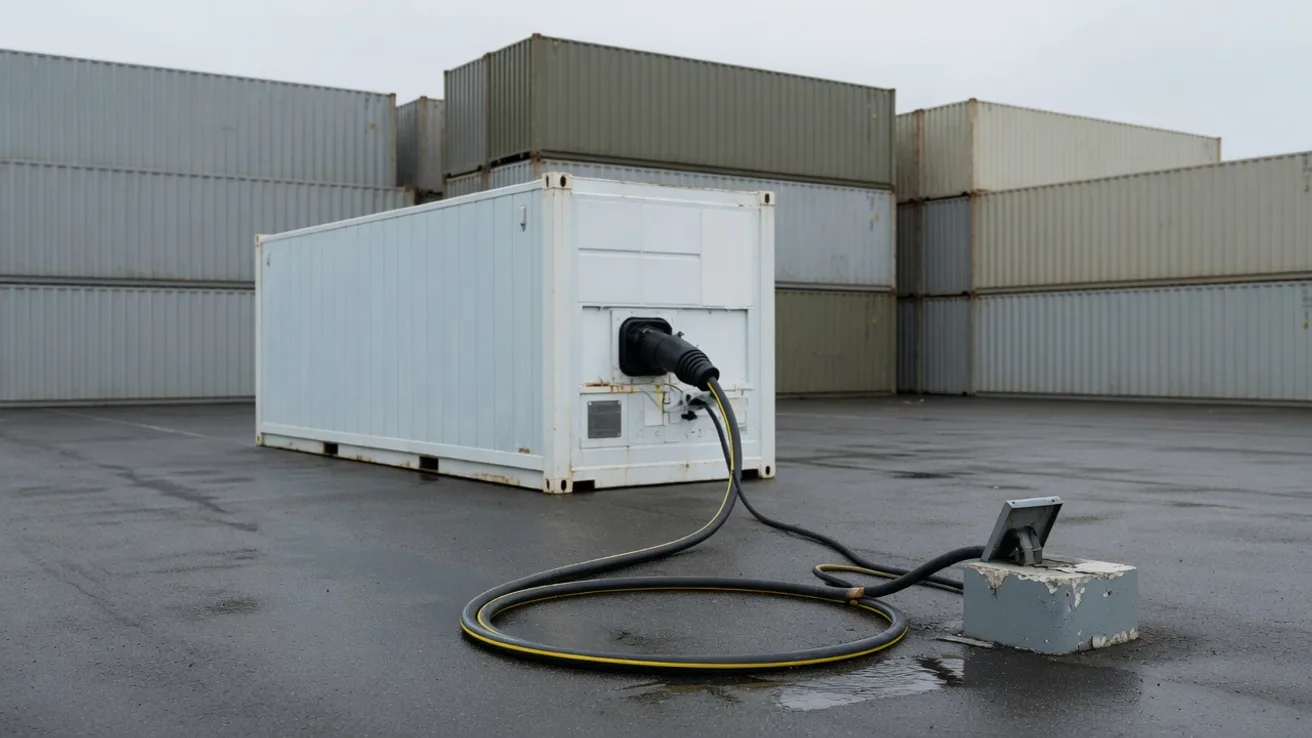 Reefercontainer op een terminal met de stroomkabel in de aansluiting, daarachter stapels droge containers onder een grijze lucht.