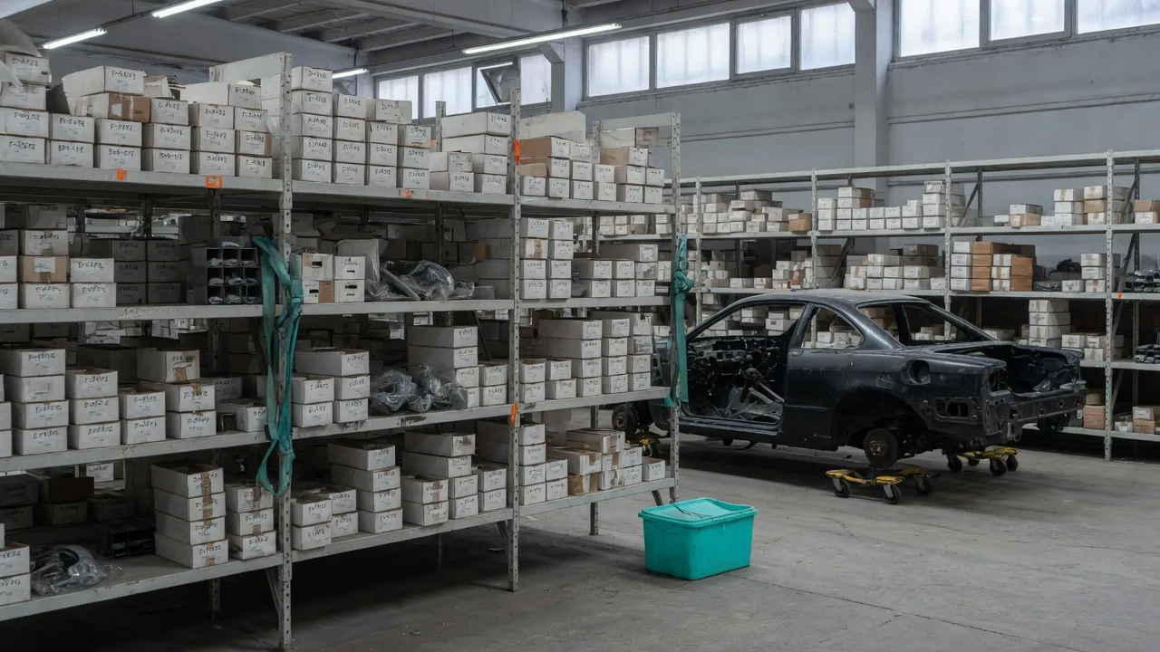 Entrepôt de pièces avec des cartons et un châssis au fond.