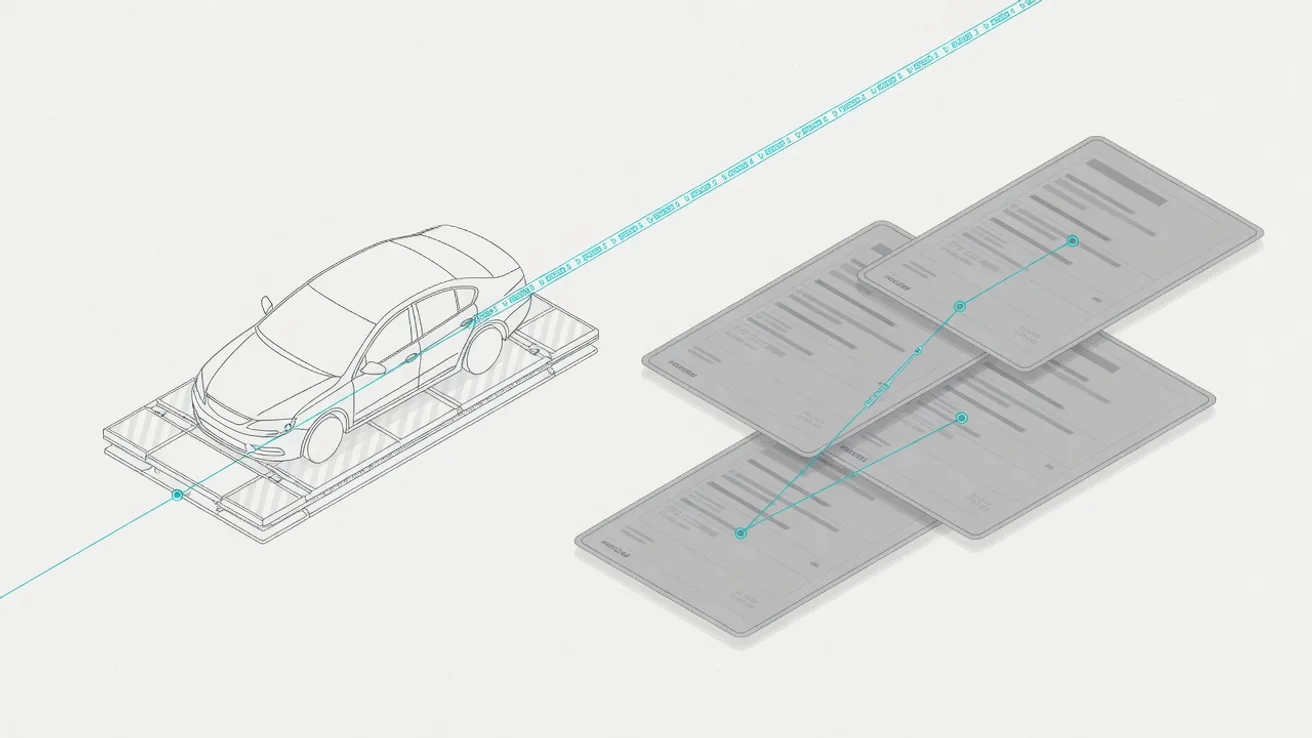 Dessin isométrique d'une voiture sur un navire, reliée à la facture, au certificat de conformité et au connaissement par une ligne continue.