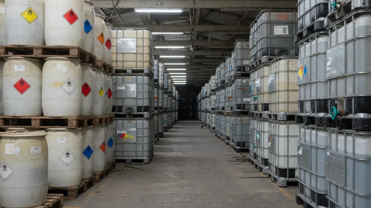 Allée d'entrepôt chimique avec fûts et IBC sur palettes.