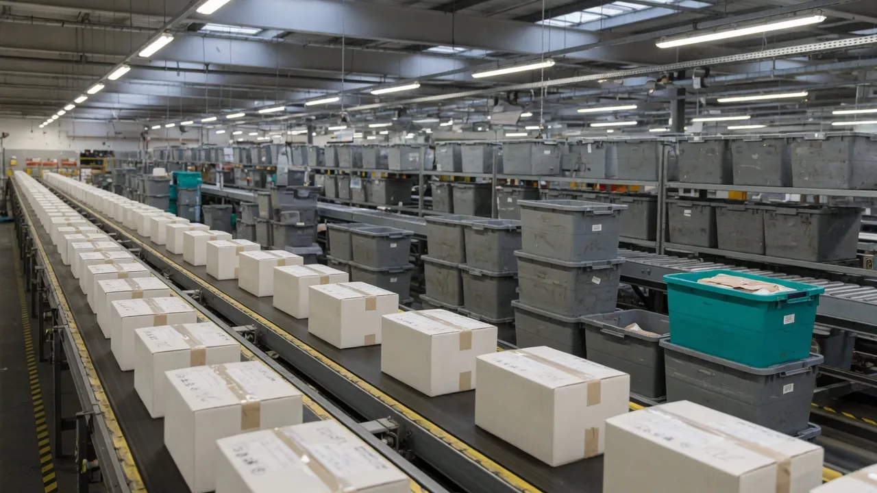 Fulfilment hall with cartons on a conveyor.