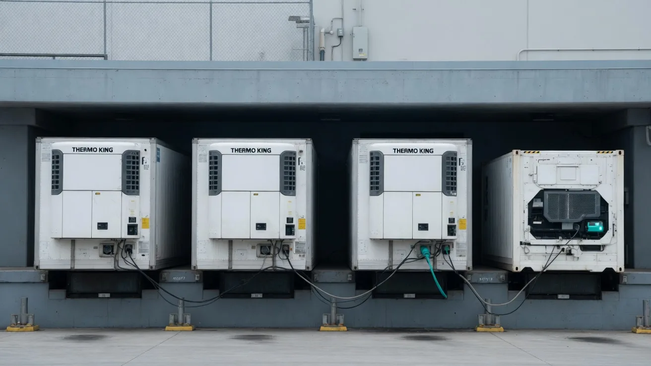 Four refrigerated trailers wait plugged into power at the loading docks of a border control post.