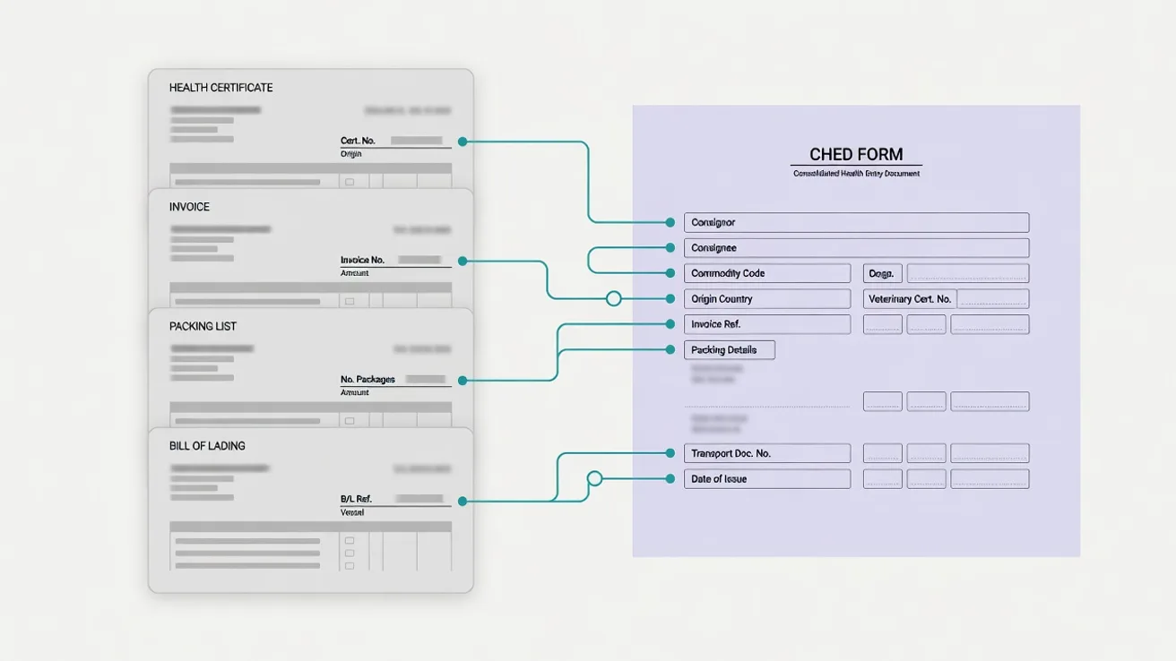 Diagram showing fields from a certificate, invoice, packing list and bill of lading feeding one CHED form.