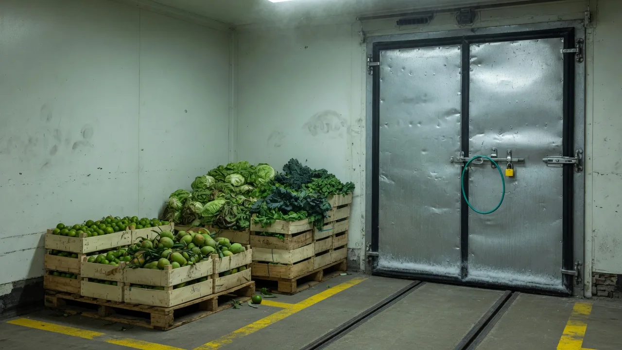 Chilled warehouse with crates of produce beside a reefer door.