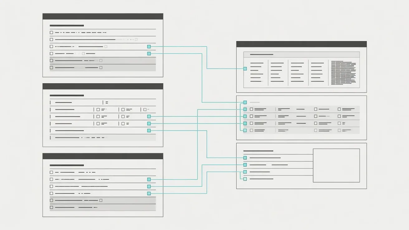 Diagram in which fields from a certificate, invoice and transport document flow into one notification form with three parts
