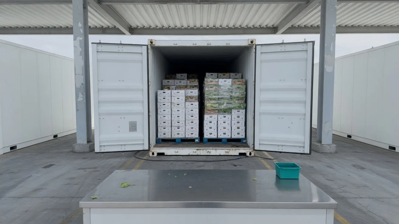 Reefer container with its doors open at a covered inspection dock, pallets of boxes visible inside