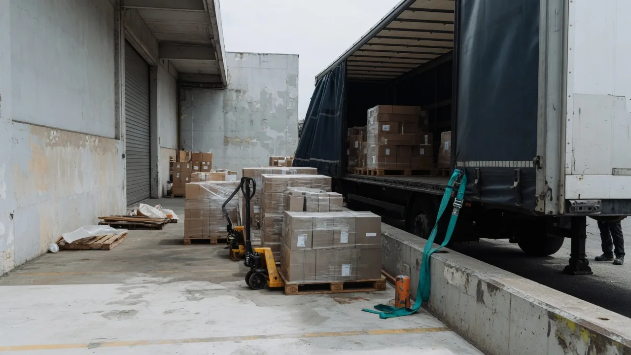 Warehouse loading dock, pallets staged for an open truck.