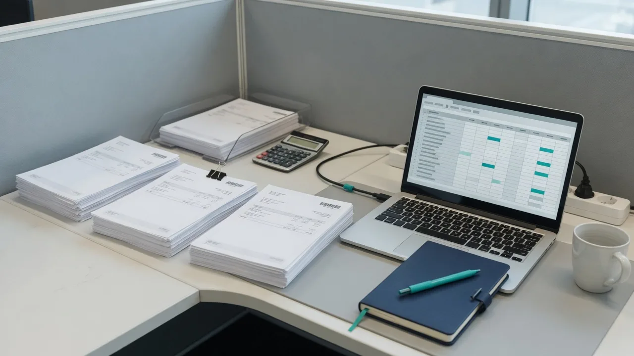Quiet desk with invoice stacks and a screen of dossier lines.