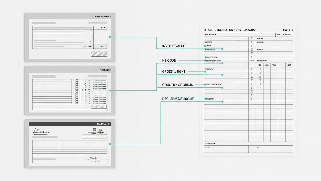 Interface view of an import dossier with lines connecting declaration fields back to the invoice, packing list and bill of lading.