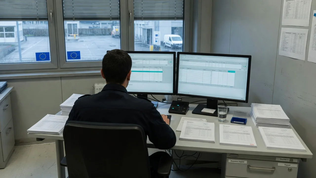 Declarant seen from behind, at two screens with import dossiers and stacks of documents.