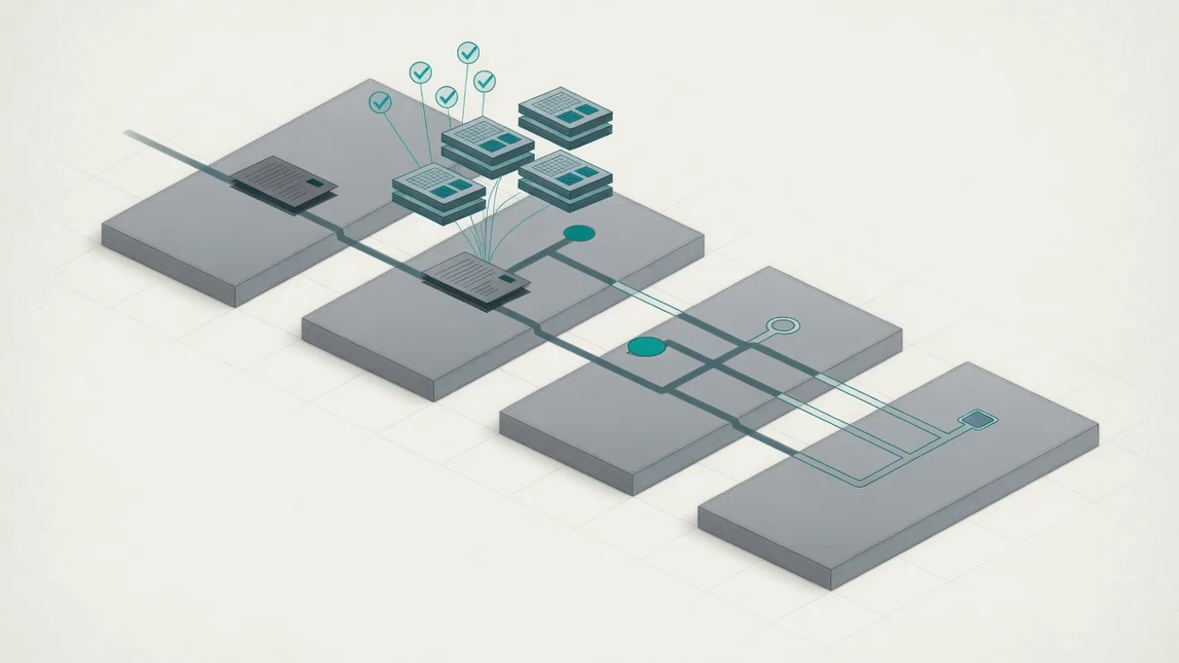 Process diagram showing an import declaration moving through intake, validation and filing, then splitting into release, document check and physical check.