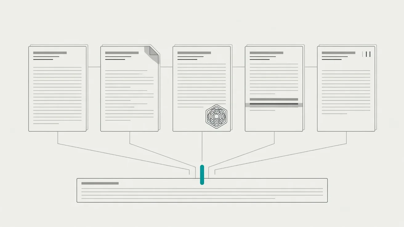 Esquema en el que cinco fichas de documentos conectan con una línea de artículo y un marcador turquesa señala el documento del origen