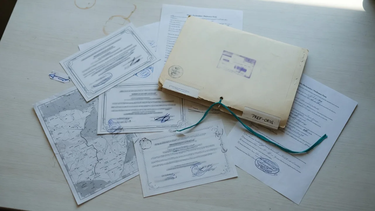 Pruebas de origen y una carpeta sellada sobre un escritorio de madera.