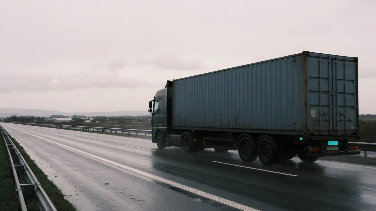 Container truck on a wet European motorway.