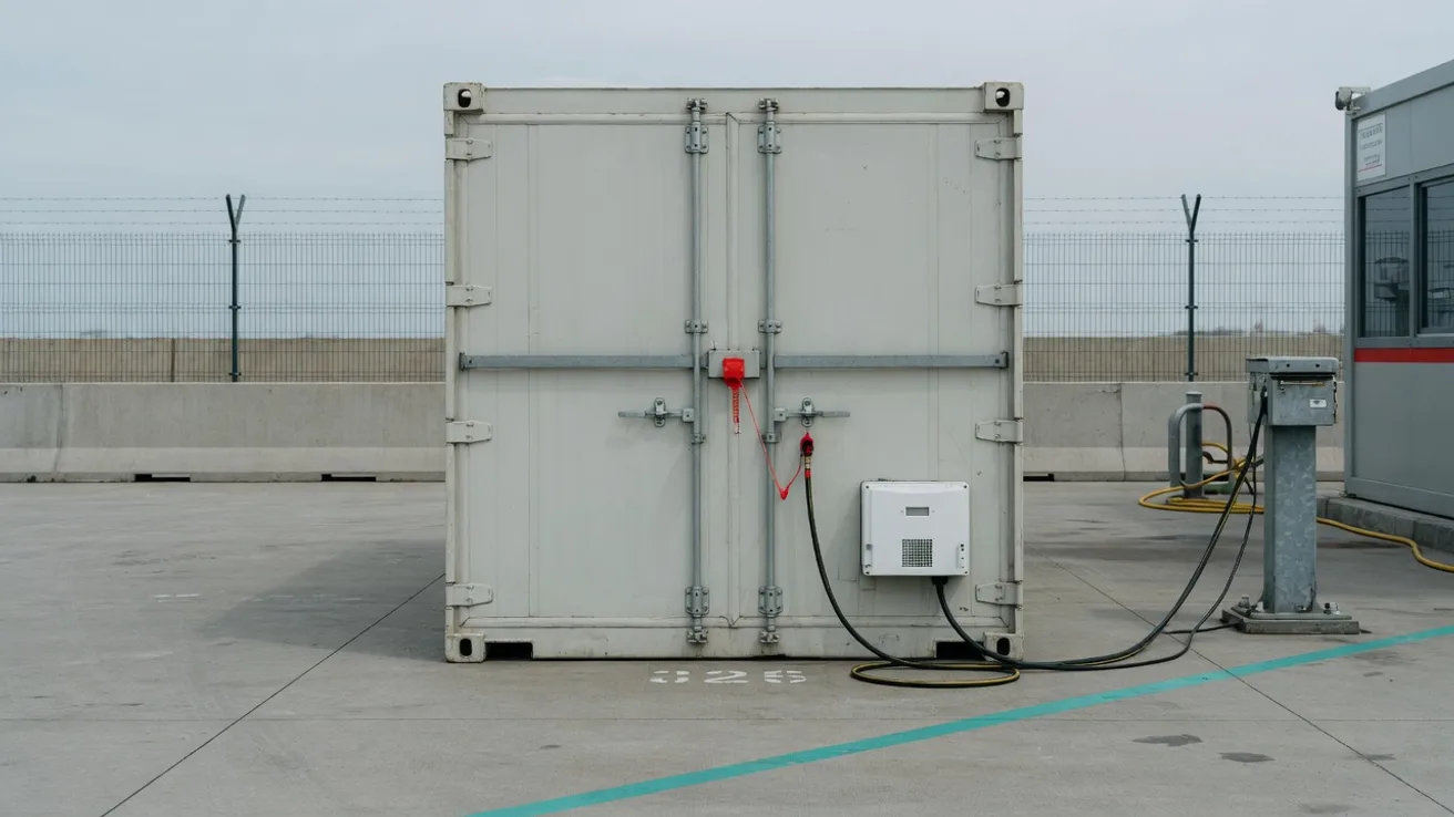 A plugged-in reefer container stands sealed on the quay of a border control post, waiting for inspection.