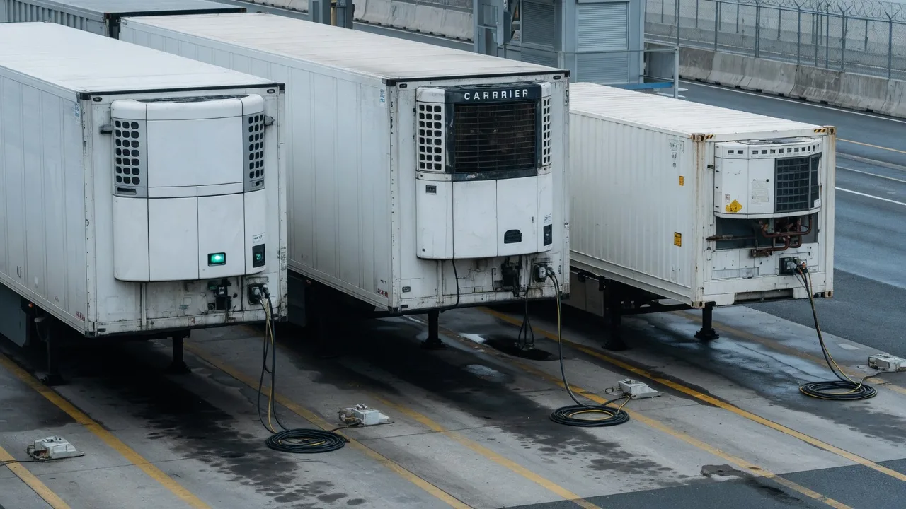 Refrigerated trailers plugged in at a border control post.