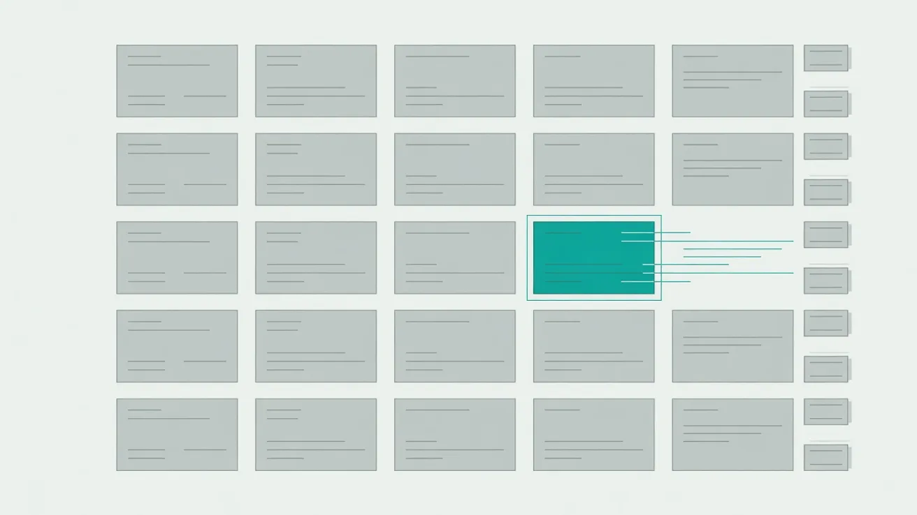 Grid of twenty identical dossiers with one highlighted, three lines running from it to separate notes in the margin.